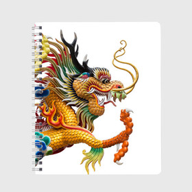 Тетрадь с принтом Желтый китайский дракон 3D в Курске, 100% бумага | 48 листов, плотность листов — 60 г/м2, плотность картонной обложки — 250 г/м2. Листы скреплены сбоку удобной пружинной спиралью. Уголки страниц и обложки скругленные. Цвет линий — светло-серый
 | азиатский дракон | дракон | дракон 3d | дракон 3д | желтый | желтый азиатский дракон | желтый дракон | желтый китайский дракон | желтый японский дракон | золотой | золотой дракон
