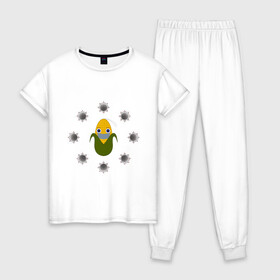 Женская пижама хлопок с принтом Кукуруза в маске в Курске, 100% хлопок | брюки и футболка прямого кроя, без карманов, на брюках мягкая резинка на поясе и по низу штанин | ковид | коронавирус | кукуруза | маска