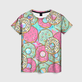 Женская футболка 3D с принтом РазНоцветные Пончики в Курске, 100% полиэфир ( синтетическое хлопкоподобное полотно) | прямой крой, круглый вырез горловины, длина до линии бедер | еда | звездочки | лето | пончики | разноцветные | сладости
