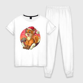 Женская пижама хлопок с принтом Новогодний лисёнок в Курске, 100% хлопок | брюки и футболка прямого кроя, без карманов, на брюках мягкая резинка на поясе и по низу штанин | арт | грибочки | дикое животное | иллюстрация | лисёнок