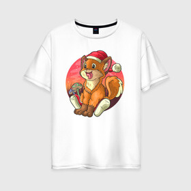 Женская футболка хлопок Oversize с принтом Новогодний лисёнок в Курске, 100% хлопок | свободный крой, круглый ворот, спущенный рукав, длина до линии бедер
 | арт | грибочки | дикое животное | иллюстрация | лисёнок