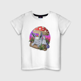 Детская футболка хлопок с принтом Спящий зайчик в Курске, 100% хлопок | круглый вырез горловины, полуприлегающий силуэт, длина до линии бедер | Тематика изображения на принте: грибочек | зайченок | иллюстрация | крольченок | спящий