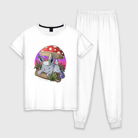 Женская пижама хлопок с принтом Спящий зайчик в Курске, 100% хлопок | брюки и футболка прямого кроя, без карманов, на брюках мягкая резинка на поясе и по низу штанин | Тематика изображения на принте: грибочек | зайченок | иллюстрация | крольченок | спящий