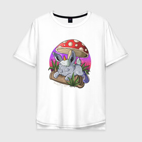 Мужская футболка хлопок Oversize с принтом Спящий зайчик в Курске, 100% хлопок | свободный крой, круглый ворот, “спинка” длиннее передней части | грибочек | зайченок | иллюстрация | крольченок | спящий