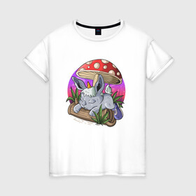 Женская футболка хлопок с принтом Спящий зайчик в Курске, 100% хлопок | прямой крой, круглый вырез горловины, длина до линии бедер, слегка спущенное плечо | грибочек | зайченок | иллюстрация | крольченок | спящий