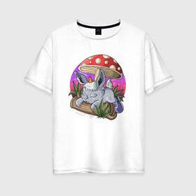 Женская футболка хлопок Oversize с принтом Спящий зайчик в Курске, 100% хлопок | свободный крой, круглый ворот, спущенный рукав, длина до линии бедер
 | грибочек | зайченок | иллюстрация | крольченок | спящий