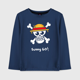 Детский лонгслив хлопок с принтом Sunny Go! One Piece в Курске, 100% хлопок | круглый вырез горловины, полуприлегающий силуэт, длина до линии бедер | anime | manga | one piece | аниме | большой куш | ван пис | весёлый роджер | вон пис | король пиратов | логотип | манга | монки д. луффи | мугивары | перекрещённый костями | пират | пиратский флаг