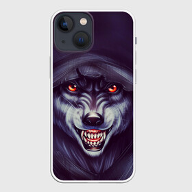 Чехол для iPhone 13 mini с принтом СЕРЫЙ ВОЛК 3D в Курске,  |  | волк | горящие глаза | злость | зубы | капишон | оскал | свирепый | туман | ярость