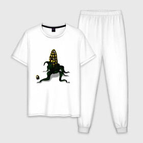 Мужская пижама хлопок с принтом Злая кукуруза в Курске, 100% хлопок | брюки и футболка прямого кроя, без карманов, на брюках мягкая резинка на поясе и по низу штанин
 | еда | кукуруза | овощи | страшное | хоррор