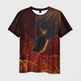Мужская футболка 3D с принтом ОГНЕНЫЙ ВОЛК, 3d в Курске, 100% полиэфир | прямой крой, круглый вырез горловины, длина до линии бедер | боевойоскал | волк | глаза | гнев | злой | зубы | искра | огонь | пламья | страшный | уголёк | языкипламени | ярость