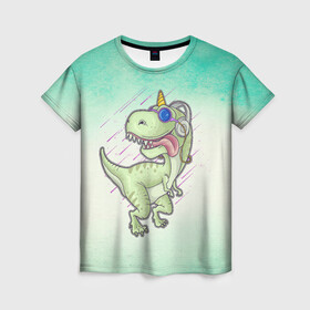 Женская футболка 3D с принтом Дино в Курске, 100% полиэфир ( синтетическое хлопкоподобное полотно) | прямой крой, круглый вырез горловины, длина до линии бедер | арт | графика | динозавры | животные | звери | музыка | мультяшки | наушники