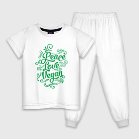 Детская пижама хлопок с принтом Peace Love Vegan в Курске, 100% хлопок |  брюки и футболка прямого кроя, без карманов, на брюках мягкая резинка на поясе и по низу штанин
 | Тематика изображения на принте: green | greenpaece | love | nature | peace | sport | vegan | yoga | веган | вегетарианец | гринпис | еда | животные | жизнь | здоровье | зеленый | йога | мир | овощи | пища | планета | природа | растение | спорт | тело | фрукты