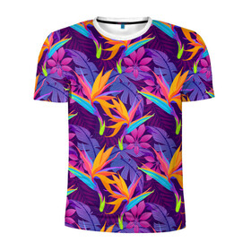 Мужская футболка 3D спортивная с принтом Тропические листья в Курске, 100% полиэстер с улучшенными характеристиками | приталенный силуэт, круглая горловина, широкие плечи, сужается к линии бедра | абстракция | листья | паттерн | текстуры | тропики | узоры | цветы