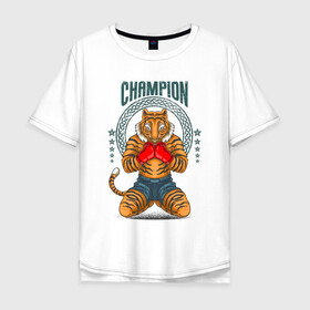 Мужская футболка хлопок Oversize с принтом Чемпион в Курске, 100% хлопок | свободный крой, круглый ворот, “спинка” длиннее передней части | fighter | боец | боксер | воин дракона | иллюстрация | тигр