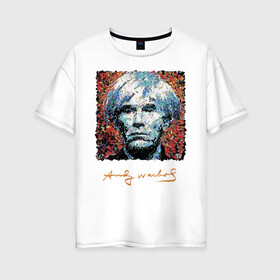 Женская футболка хлопок Oversize с принтом Andy Warhol в Курске, 100% хлопок | свободный крой, круглый ворот, спущенный рукав, длина до линии бедер
 | andy warhol | art | legend | pop art | portrait | signature | искусство | легенда | подпись | поп арт | портрет | энди уорхол