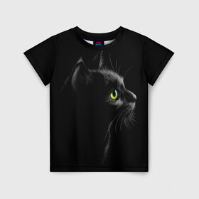 Детская футболка 3D с принтом Черный кот в Курске, 100% гипоаллергенный полиэфир | прямой крой, круглый вырез горловины, длина до линии бедер, чуть спущенное плечо, ткань немного тянется | Тематика изображения на принте: взгляд | глаза | киса | киска | кот | котик | котяра | профиль | пушистый | усы