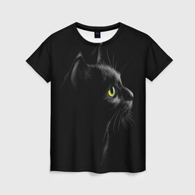 Женская футболка 3D с принтом Черный кот в Курске, 100% полиэфир ( синтетическое хлопкоподобное полотно) | прямой крой, круглый вырез горловины, длина до линии бедер | Тематика изображения на принте: взгляд | глаза | киса | киска | кот | котик | котяра | профиль | пушистый | усы