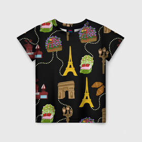 Детская футболка 3D с принтом Париж в Курске, 100% гипоаллергенный полиэфир | прямой крой, круглый вырез горловины, длина до линии бедер, чуть спущенное плечо, ткань немного тянется | paris | арка | бусы | велик | города | круассан | лето | мулен руж | париж | романтика | сладости | цветы | черный | эйфелева башня | юежевый