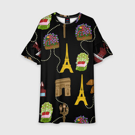 Детское платье 3D с принтом Париж в Курске, 100% полиэстер | прямой силуэт, чуть расширенный к низу. Круглая горловина, на рукавах — воланы | paris | арка | бусы | велик | города | круассан | лето | мулен руж | париж | романтика | сладости | цветы | черный | эйфелева башня | юежевый