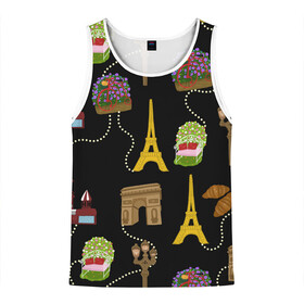 Мужская майка 3D с принтом Париж в Курске, 100% полиэстер | круглая горловина, приталенный силуэт, длина до линии бедра. Пройма и горловина окантованы тонкой бейкой | paris | арка | бусы | велик | города | круассан | лето | мулен руж | париж | романтика | сладости | цветы | черный | эйфелева башня | юежевый