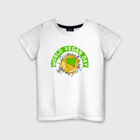 Детская футболка хлопок с принтом World Vegan Day в Курске, 100% хлопок | круглый вырез горловины, полуприлегающий силуэт, длина до линии бедер | green | greenpaece | nature | sport | vegan | yoga | веган | вегетарианец | гринпис | еда | животные | жизнь | здоровье | зеленый | йога | мир | овощи | пища | планета | природа | растение | спорт | тело | фрукты