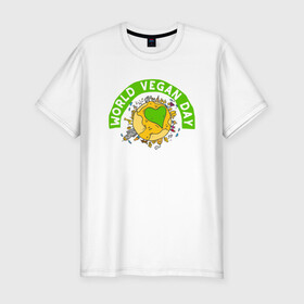 Мужская футболка хлопок Slim с принтом World Vegan Day в Курске, 92% хлопок, 8% лайкра | приталенный силуэт, круглый вырез ворота, длина до линии бедра, короткий рукав | green | greenpaece | nature | sport | vegan | yoga | веган | вегетарианец | гринпис | еда | животные | жизнь | здоровье | зеленый | йога | мир | овощи | пища | планета | природа | растение | спорт | тело | фрукты
