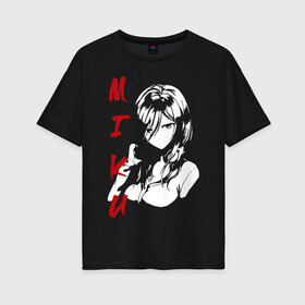 Женская футболка хлопок Oversize с принтом MIKU SF в Курске, 100% хлопок | свободный крой, круглый ворот, спущенный рукав, длина до линии бедер
 | бело красный | глаза | лицо | мику | наушники | смотрит