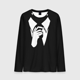 Мужской лонгслив 3D с принтом Смокинг | Поправляю галстук в Курске, 100% полиэстер | длинные рукава, круглый вырез горловины, полуприлегающий силуэт | анонимус. | галстук | люди в чёрном | минимализм | рубашка | строгость