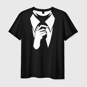 Мужская футболка 3D с принтом Смокинг | Поправляю галстук в Курске, 100% полиэфир | прямой крой, круглый вырез горловины, длина до линии бедер | анонимус. | галстук | люди в чёрном | минимализм | рубашка | строгость