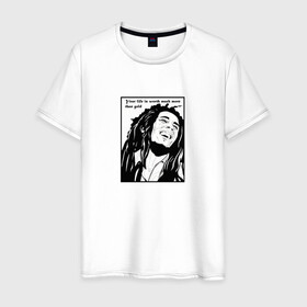 Мужская футболка хлопок с принтом Боб Марли в Курске, 100% хлопок | прямой крой, круглый вырез горловины, длина до линии бедер, слегка спущенное плечо. | вокалист | гитарист | композитор | музыкант | портрет | цитата | черно белое
