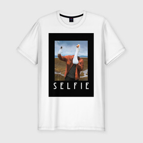 Мужская футболка хлопок Slim с принтом selfie в Курске, 92% хлопок, 8% лайкра | приталенный силуэт, круглый вырез ворота, длина до линии бедра, короткий рукав | funny | nerd | selfie | гусь | инстаграм | лебедь | селфи | тренд | утка | уточка | фото
