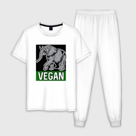 Мужская пижама хлопок с принтом Vegan Elephant в Курске, 100% хлопок | брюки и футболка прямого кроя, без карманов, на брюках мягкая резинка на поясе и по низу штанин
 | Тематика изображения на принте: elephant | green | greenpaece | nature | sport | vegan | yoga | веган | вегетарианец | гринпис | еда | животные | жизнь | здоровье | зеленый | йога | мир | овощи | пища | планета | природа | растение | слон | спорт | тело | фрукты