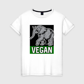 Женская футболка хлопок с принтом Vegan Elephant в Курске, 100% хлопок | прямой крой, круглый вырез горловины, длина до линии бедер, слегка спущенное плечо | Тематика изображения на принте: elephant | green | greenpaece | nature | sport | vegan | yoga | веган | вегетарианец | гринпис | еда | животные | жизнь | здоровье | зеленый | йога | мир | овощи | пища | планета | природа | растение | слон | спорт | тело | фрукты