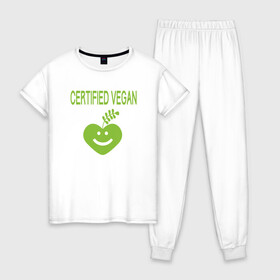 Женская пижама хлопок с принтом Проверенный веган в Курске, 100% хлопок | брюки и футболка прямого кроя, без карманов, на брюках мягкая резинка на поясе и по низу штанин | green | greenpaece | nature | sport | vegan | yoga | веган | вегетарианец | гринпис | еда | животные | жизнь | здоровье | зеленый | йога | мир | овощи | пища | планета | природа | растение | спорт | тело | фрукты