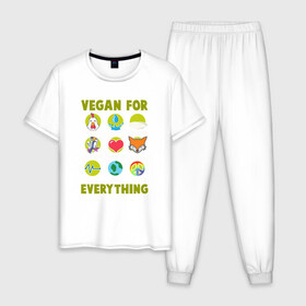Мужская пижама хлопок с принтом Vegan For Everything в Курске, 100% хлопок | брюки и футболка прямого кроя, без карманов, на брюках мягкая резинка на поясе и по низу штанин
 | green | greenpaece | nature | sport | vegan | yoga | веган | вегетарианец | гринпис | еда | животные | жизнь | здоровье | зеленый | йога | мир | овощи | пища | планета | природа | растение | спорт | тело | фрукты