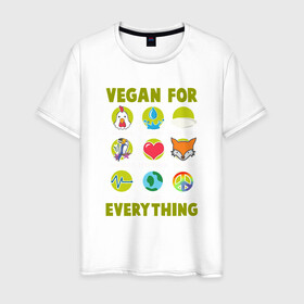Мужская футболка хлопок с принтом Vegan For Everything в Курске, 100% хлопок | прямой крой, круглый вырез горловины, длина до линии бедер, слегка спущенное плечо. | green | greenpaece | nature | sport | vegan | yoga | веган | вегетарианец | гринпис | еда | животные | жизнь | здоровье | зеленый | йога | мир | овощи | пища | планета | природа | растение | спорт | тело | фрукты