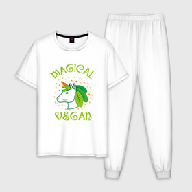 Мужская пижама хлопок с принтом Magical Vegan в Курске, 100% хлопок | брюки и футболка прямого кроя, без карманов, на брюках мягкая резинка на поясе и по низу штанин
 | green | greenpaece | nature | sport | vegan | yoga | веган | вегетарианец | гринпис | еда | единорог | животные | жизнь | здоровье | зеленый | йога | мир | овощи | пища | планета | природа | растение | спорт | тело | фрукты
