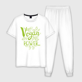 Мужская пижама хлопок с принтом Vegan Power в Курске, 100% хлопок | брюки и футболка прямого кроя, без карманов, на брюках мягкая резинка на поясе и по низу штанин
 | green | greenpaece | nature | sport | vegan | yoga | веган | вегетарианец | гринпис | еда | животные | жизнь | здоровье | зеленый | йога | мир | овощи | пища | планета | природа | растение | спорт | тело | фрукты