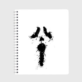Тетрадь с принтом Крик - Ghost Face в Курске, 100% бумага | 48 листов, плотность листов — 60 г/м2, плотность картонной обложки — 250 г/м2. Листы скреплены сбоку удобной пружинной спиралью. Уголки страниц и обложки скругленные. Цвет линий — светло-серый
 | Тематика изображения на принте: chill kill | dbd | ghost face | horror | scary movie | scream | scream mask | wasup | wazap | wazup | whats up | вазап | васап | краска | крик | маска крика | очень страшное кино | призрачное лицо | пятна | страшное кино | телефон | триллер | ужа
