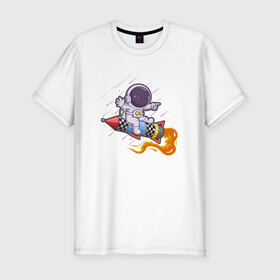 Мужская футболка хлопок Slim с принтом Маленький космонавт в Курске, 92% хлопок, 8% лайкра | приталенный силуэт, круглый вырез ворота, длина до линии бедра, короткий рукав | галактика | звезды | иллюстрация | космонавт | ракета