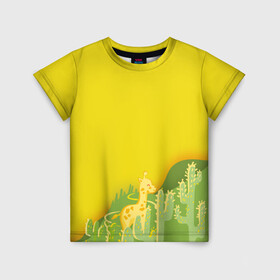 Детская футболка 3D с принтом Милый жираф в кактусах в Курске, 100% гипоаллергенный полиэфир | прямой крой, круглый вырез горловины, длина до линии бедер, чуть спущенное плечо, ткань немного тянется | Тематика изображения на принте: животные | жираф | кактусы | лето | листва | милые | мультик | солнечный | яркий