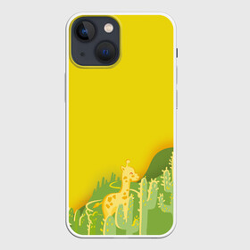 Чехол для iPhone 13 mini с принтом Милый жираф в кактусах в Курске,  |  | Тематика изображения на принте: животные | жираф | кактусы | лето | листва | милые | мультик | солнечный | яркий