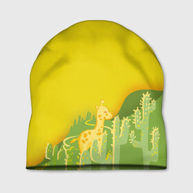Шапка 3D с принтом Милый жираф в кактусах в Курске, 100% полиэстер | универсальный размер, печать по всей поверхности изделия | животные | жираф | кактусы | лето | листва | милые | мультик | солнечный | яркий