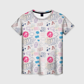 Женская футболка 3D с принтом Граффити-школьная тетрадь в Курске, 100% полиэфир ( синтетическое хлопкоподобное полотно) | прямой крой, круглый вырез горловины, длина до линии бедер | 2007 | граффити | емо | знаки | паттерн | тетрадная клетка | цифры | череп | эмо