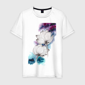 Мужская футболка хлопок с принтом Лотосы и космос в Курске, 100% хлопок | прямой крой, круглый вырез горловины, длина до линии бедер, слегка спущенное плечо. | акварель | галактика | графика | звезды | космос | лотосы | цветы