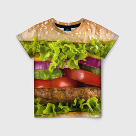 Детская футболка 3D с принтом Бургер в Курске, 100% гипоаллергенный полиэфир | прямой крой, круглый вырез горловины, длина до линии бедер, чуть спущенное плечо, ткань немного тянется | биг мак | бигмак | бургер | мясо | салат | чизбургер