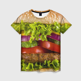 Женская футболка 3D с принтом Бургер в Курске, 100% полиэфир ( синтетическое хлопкоподобное полотно) | прямой крой, круглый вырез горловины, длина до линии бедер | биг мак | бигмак | бургер | мясо | салат | чизбургер