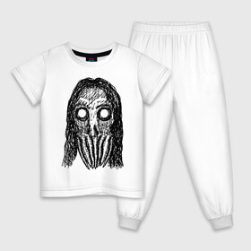 Детская пижама хлопок с принтом Череп с волосами и щупальцами в Курске, 100% хлопок |  брюки и футболка прямого кроя, без карманов, на брюках мягкая резинка на поясе и по низу штанин
 | dead | halloween | horror | lovecraft | skull | suspense | witch | zombie