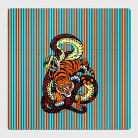 Магнитный плакат 3Х3 с принтом Тигры Змея Полосы в Курске, Полимерный материал с магнитным слоем | 9 деталей размером 9*9 см | Тематика изображения на принте: beast | fight | snake | tiger | борьба | животные | звери | змеи | зубы | когти | кошки | полосатый | полосы | тигры | узор