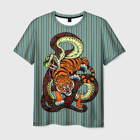 Мужская футболка 3D с принтом Тигры Змея Полосы в Курске, 100% полиэфир | прямой крой, круглый вырез горловины, длина до линии бедер | beast | fight | snake | tiger | борьба | животные | звери | змеи | зубы | когти | кошки | полосатый | полосы | тигры | узор